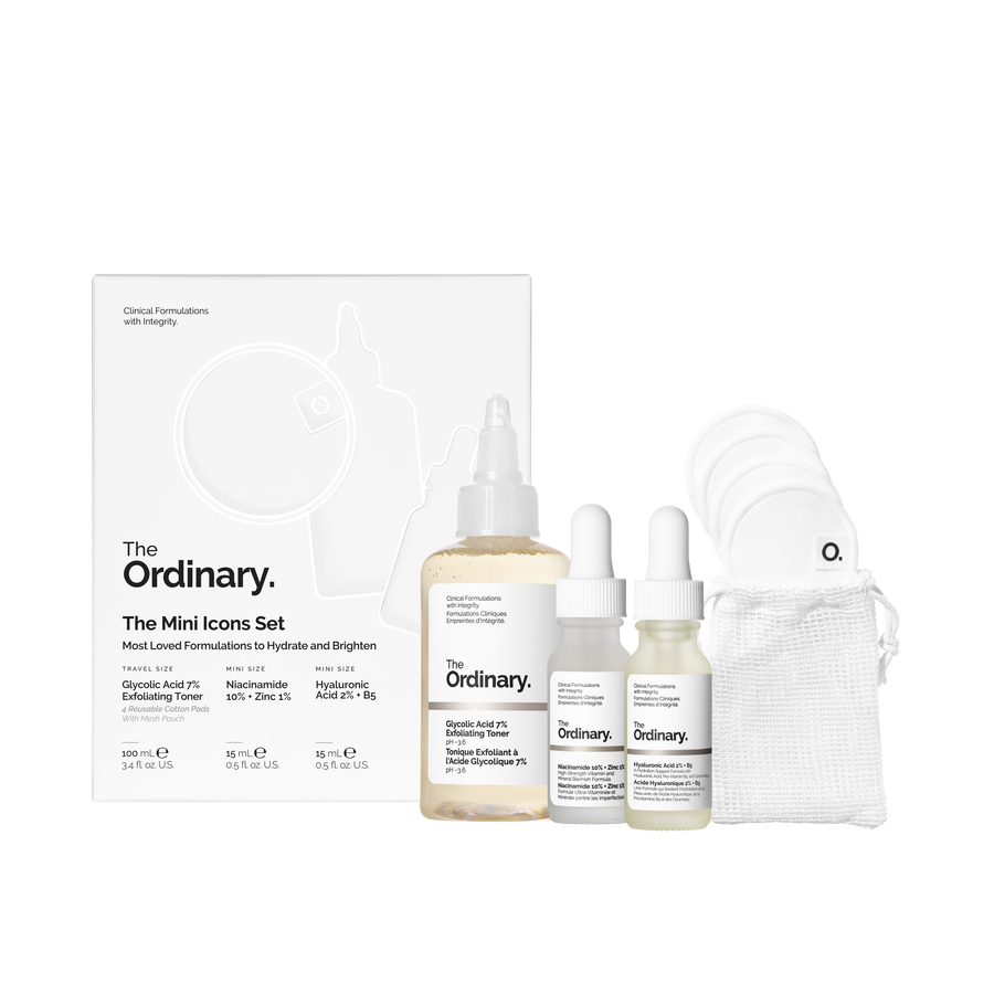 The Mini Icons Set - Hyaluronic Acid 2% + B5, Niacinamide 10% + Zinc 1%, and Glycolic Acid 7% Exfoliating Toner with reuseable cotton pads.